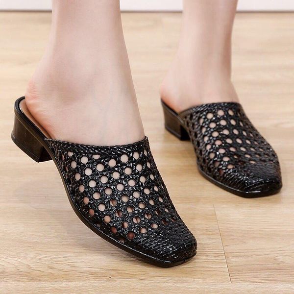

sandals summer women slippers soft women's sandals,hollow out mid heels,korea style footwear, Black