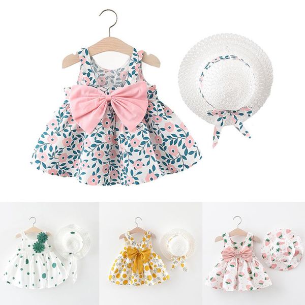 

girl's dresses princess dress summer girl kids sleeveless print floral birthday party with hat 2pcs toddler clothes baby girls 2021, Red;yellow