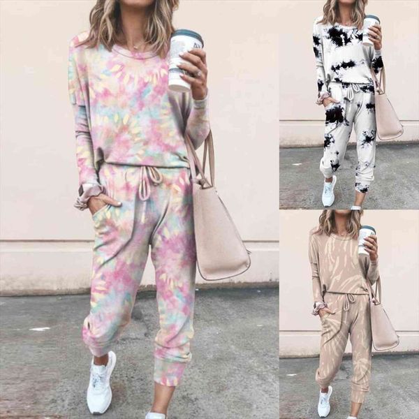

2pcs autumn winter loungewear womenpant tie dye jogger suit long sleeve round neck pants sleepwear plus size 3xl, White