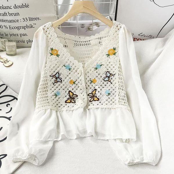 

women's blouses & shirts women fashion patchwork summer blouse long sleeve v-neck floral embroidery lace hollow out elegant chiffon, White