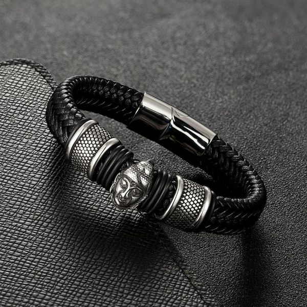 

charm bracelets megin d punk vintage buddha genuine leather titanium steel for men women couple friend fashion design gift jewelry, Golden;silver