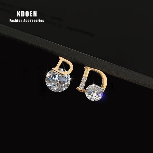 

shiny zircon gold asymmetric d letter stud earrings for woman fashion korean jewelry party girl's luxury, Golden;silver