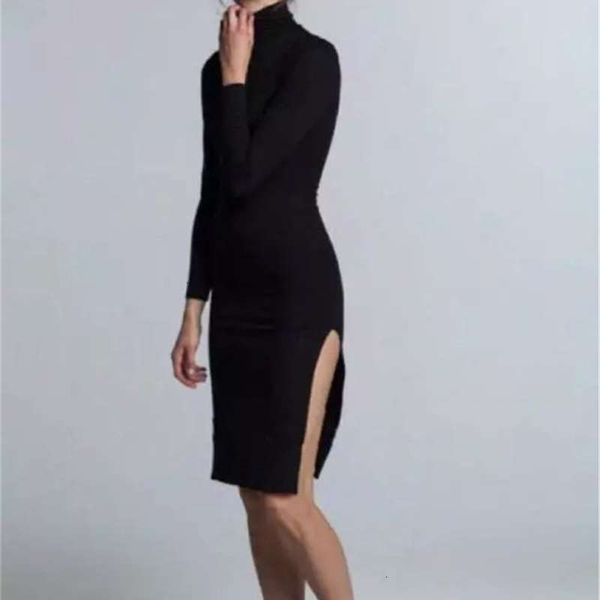 

wind casual gigi dresses street s super soft modal velvet high neck side slit dress, Black;gray