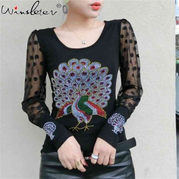 

women t-shirts casual peacock diamonds tee spring female t shirt long sleeve lace tshirt for clothes t03014b 210421, Black;gray