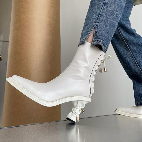 

boots olome womens pointy toe genuine leather ankle punks motorcycle strange high heel shoes retro black white lace up