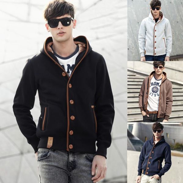 

mens casual button hooides 2021 brand men clothing male solid sweatshirts hooded jacket streetwear fashion hoodie men's hoodies &, Black