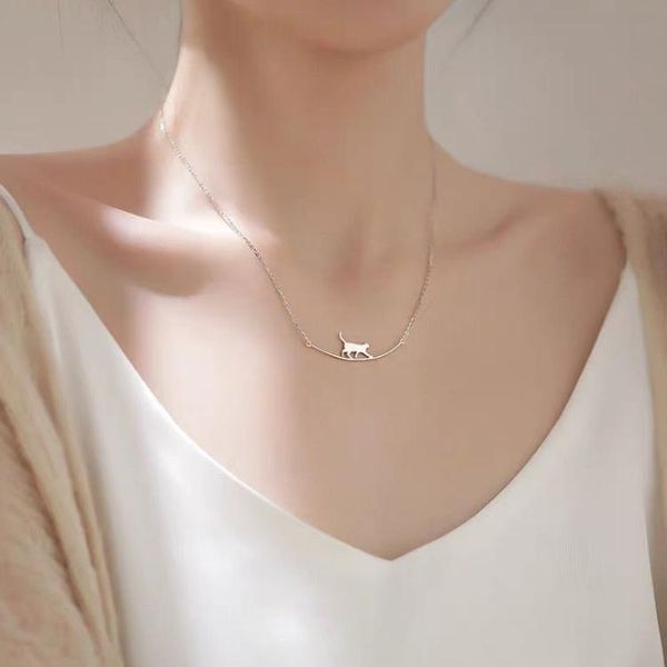 

chains 925 silver cat pendant curved necklace for women personality chain clavicle necklaces women's jewelry wholesale choker