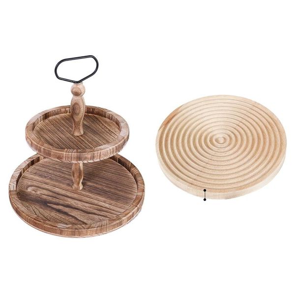 

kitchen storage & organization 2pcs vintage wood two tiered tray with board 24cm afternoon tea holder water ripple round dessert