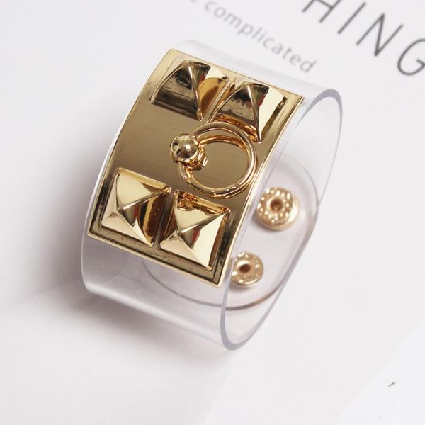 

[ewq] 2020 new rivet gold-plated alloy leather bracelet for women punk transparent bangles female tide pf168, Black