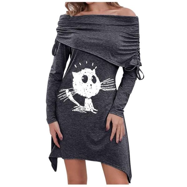 

casual dresses plus size women's cat printed dress scarf collar pleated long sleeve irregular hem mini winter robe femme, Black;gray