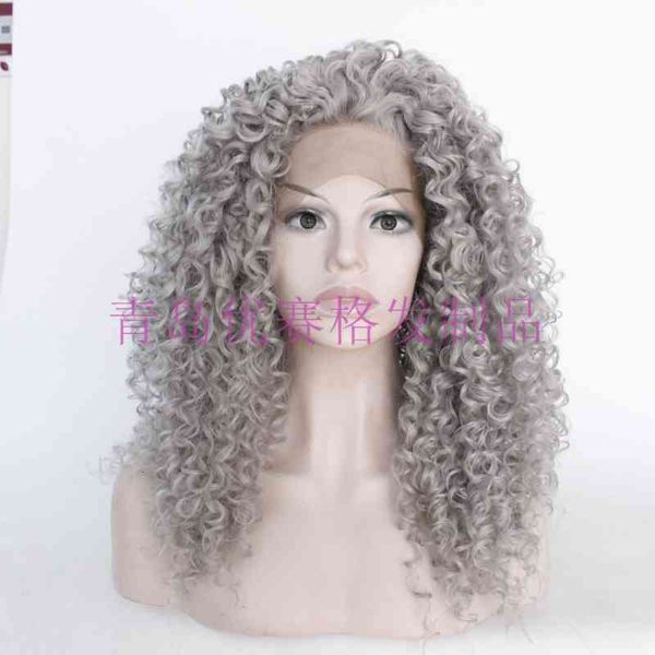 

fiber wig, chemical front lace silver gray curl, small curl cover, Black;brown
