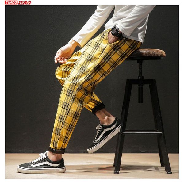 

men's pants drop japanese streerwear men plaid 2021 autumn fashion slim man casual trousers korean male harem, Black
