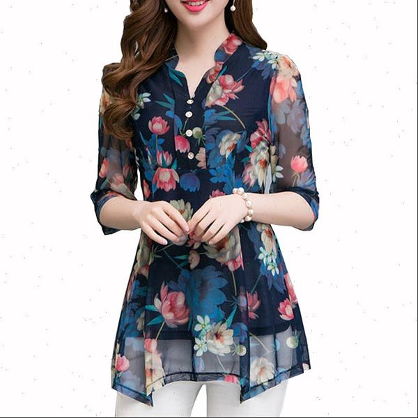 

summer and floral print women blouses casual plus size 5xl v neck, White