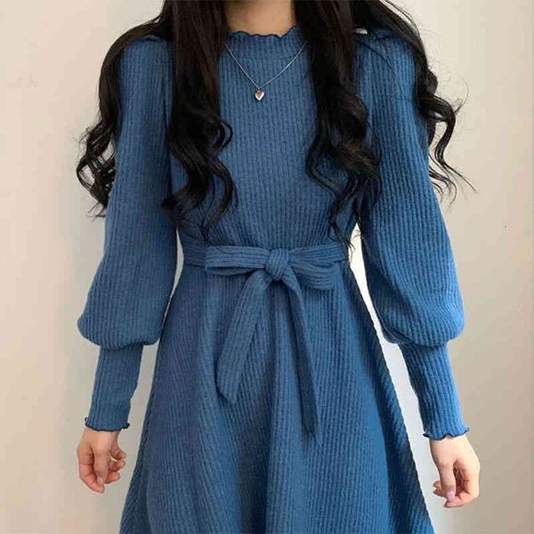 

Chic Elegant Knitting Dress Woman Autumn Winter Ins O-neck Wooden Ears Solid Lace-up Waist Lantern Sleeve Dress, Black;gray