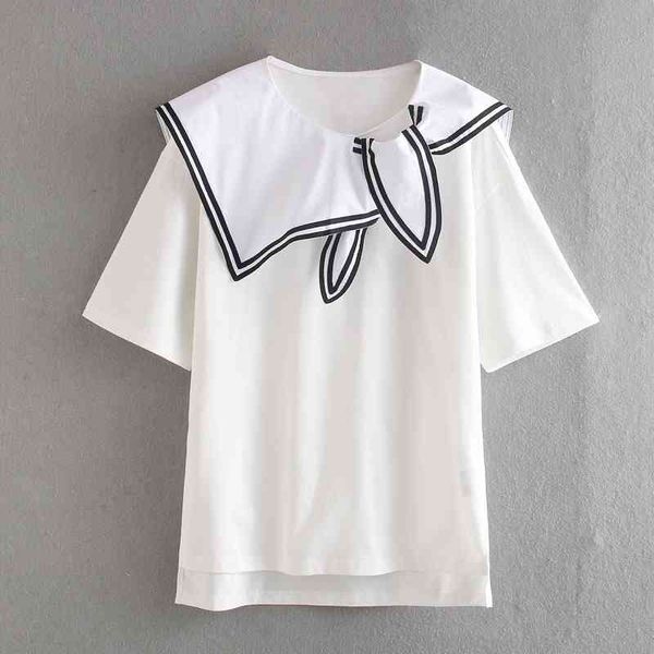 HSA Summer Women's O-Collo T-shirt bianche Manica corta Colletto da marinaio Fake Two Pieces Tshirt Donna Casual Top 210417