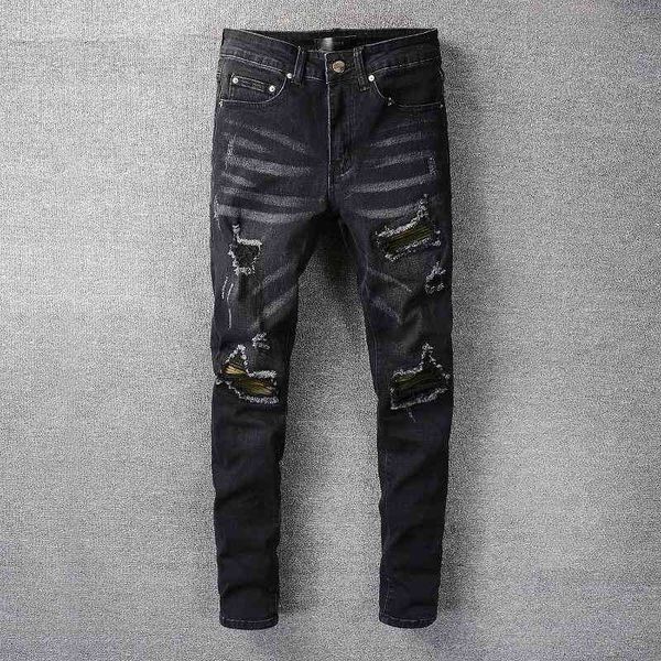 

men's jeans high street stacked denim ripped patchwork black trendy fashion motorcycle hombre 8uaw, Blue