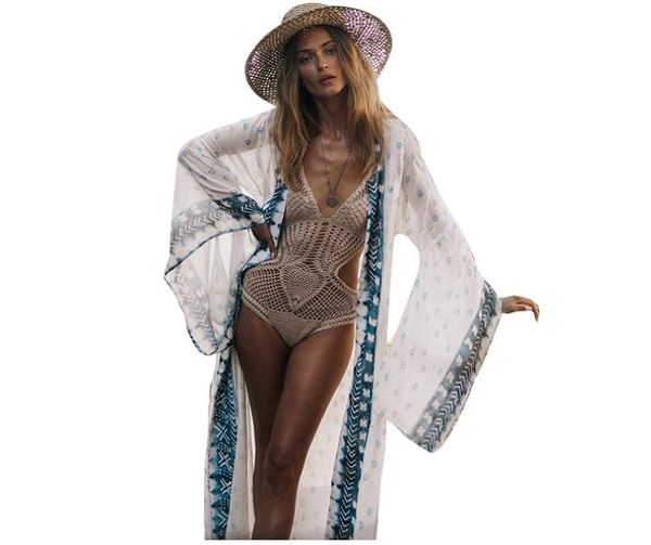 

women's long-sleeved coat fashion simple loose circle printing blouse casual sun protection clothing swimwear, White;black