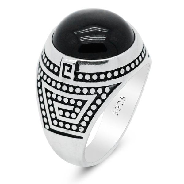 

cluster rings male ring 925 sterling silver black natural agate stone vintage gemstone party wedding jewelry gift fine e letter, Golden;silver
