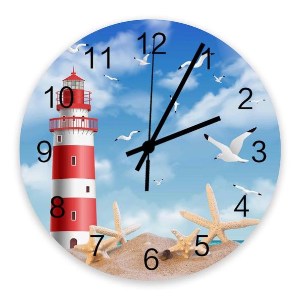 

wall clocks 30cm clock sea beach lighthouse starfish seagull home quiet silent simple mute decorative living room watch