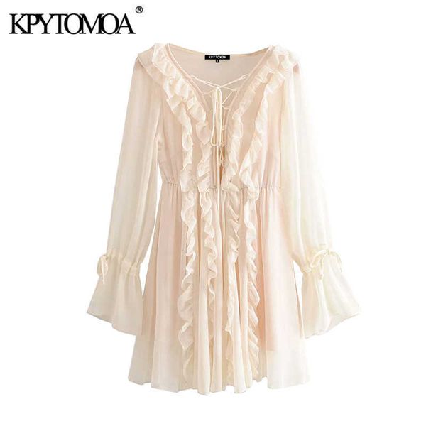 

kpytomoa women chic fashion with drawstring ruffles mini dress vintage v neck long sleeve beach female dresses vestidos mujer 210706, Black;gray