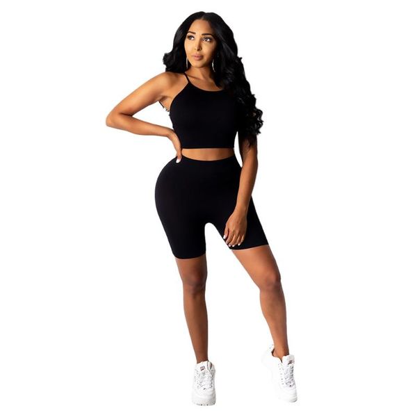 

women's tracksuits fashion solid color sling round neck waist pit strip threaded polyester ladies casual two-piece suit women's off, Gray