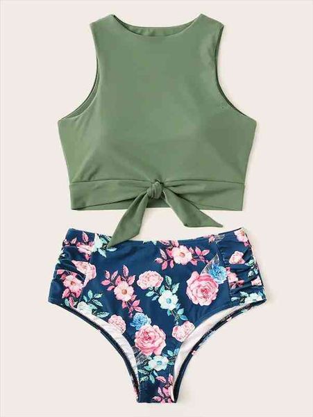 

floral print bikini set women swimwear high neck up two pieces swimsuit girl beach bathing suit waist, White;black