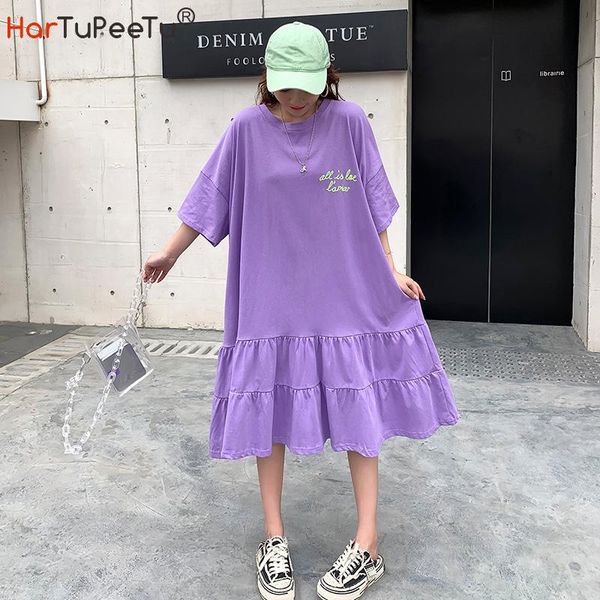 

casual dresses korean style t shirt dress oversize women cotton long tees embroidery letters 2021 summer loose purple black homewear, Black;gray