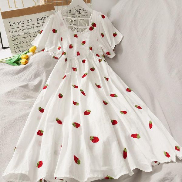 

party dresses aecu women's dress 2021 strawberry embroidery square collar half sleeve mid-length summer, White;black