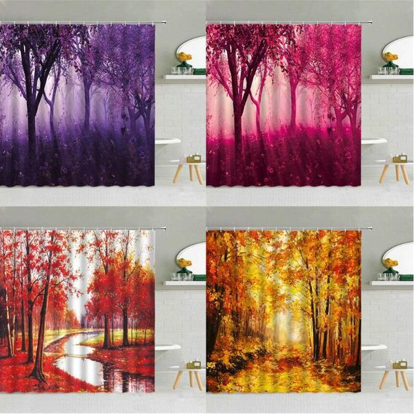 

purple pink yellow forest landscape shower curtain fog magic flowers fallen leaves waterproof fabric bathroom decor curtains set