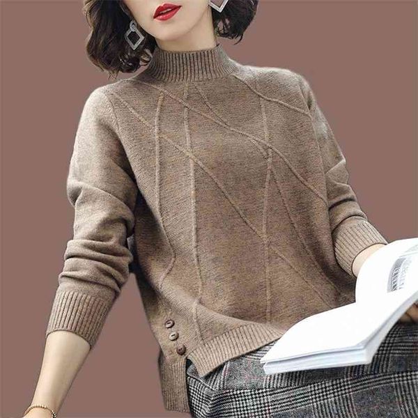 

ladies thick sweater women autumn winter short loose wild knit bottoming shirt pure color warm half turtleneck 210922, White;black