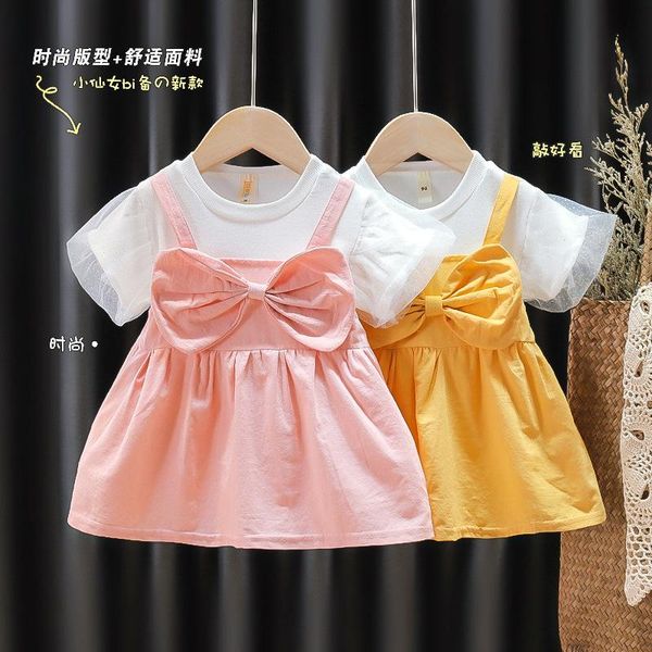 

girl's dresses summer born baby girl clothes bow short-sleeved dress for toddler girls clothing 1 year infant birthday, Red;yellow