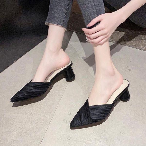 

luxury womens high heels slippers summer shoes outerwear embroidery fashion pointed flip-flops sandals women, Black