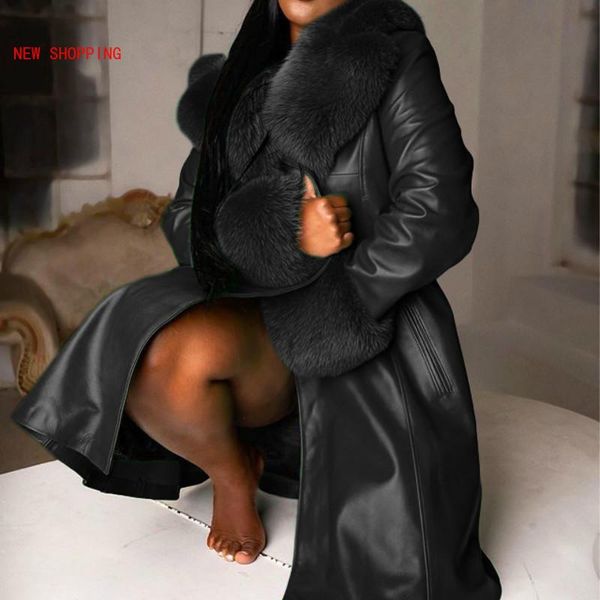 

women's down & parkas 2021 x-long leather coat fur collar winter solid color lapel pu zipper plus size overcoat casual womens jackets b, Black