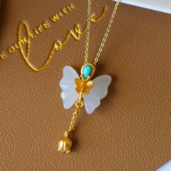 

chains hml& silver natural an white jade turquoise butterfly long pendant necklace chinese style retro court charm women's jewelry
