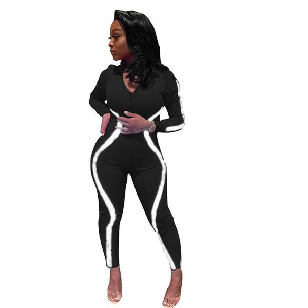 

women's jumpsuits & rompers 2021 autumn women reflective striped jumpsuit long sleeve v-neck zipper bodycon romper skinny ladies pants, Black;white