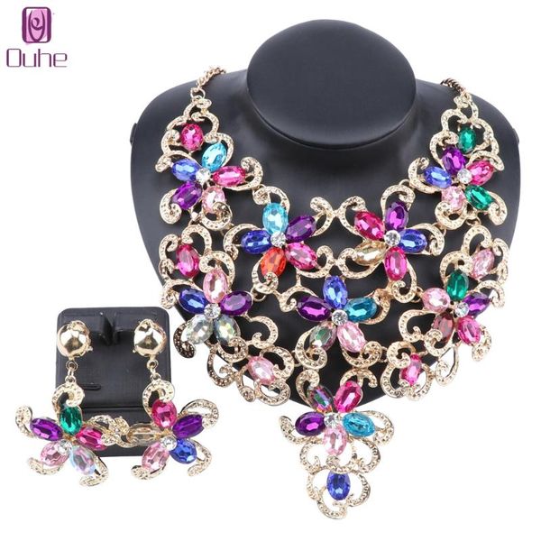 

earrings & necklace women accessories wedding bridal gold colorful statement crystal flower pendant earring party jewelry set, Silver