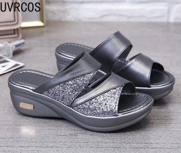 

summer women's slippers casual fashion all-match stitching upper sequins decorative trend platform, Black
