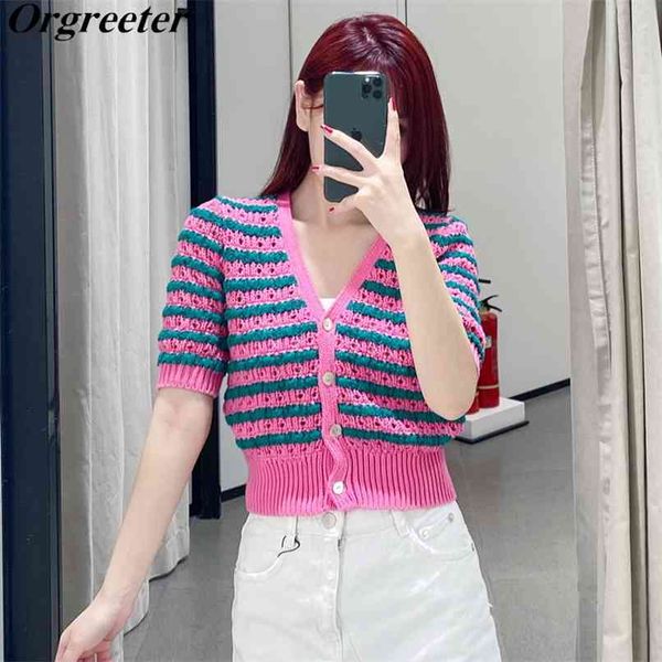 

women fashion v-neck pink green striped macthing hollow out crochet knitted cardigans sweater female cropped 210602, White
