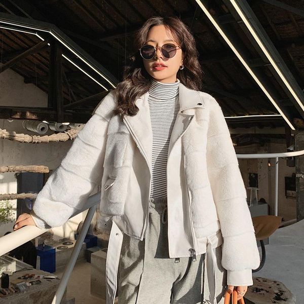 

women's fur & faux 2021 winter women coat mink overcoat female long sleeve thicken warm short coats loose lapel outwear z588, Black