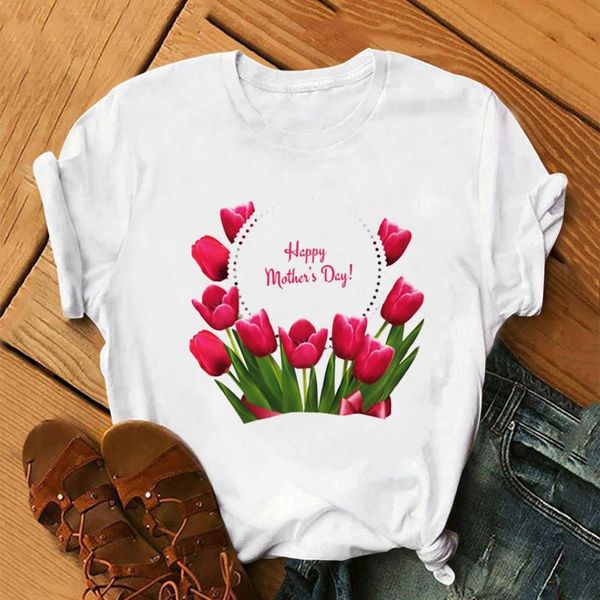 

mother's day gift t-shirt woman colour mom letter print short sleeve round neck loose blusas elegantes mujer women's, White