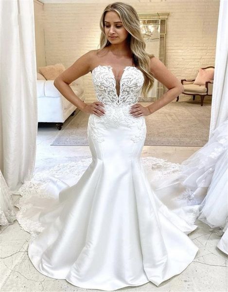 

wedding dresses mermaid strapless v-neck satin lace appliques beaded design vintage simple long train covered buttons back bride gowns custo, White