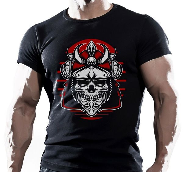 

samurai skull japanese warrior - prited black men's cotton t-shirt, White;black