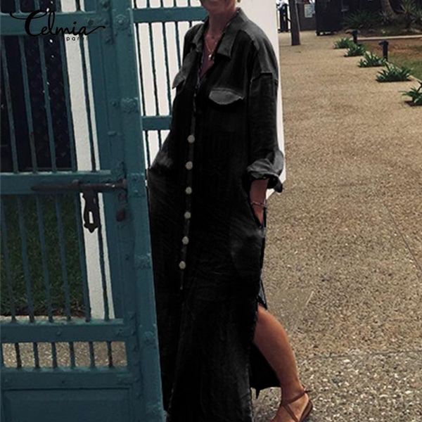 

casual dresses celmia women maxi long dress 2021 summer shirt sundress sleeve high split loose solid buttons plus size vestido, Black;gray