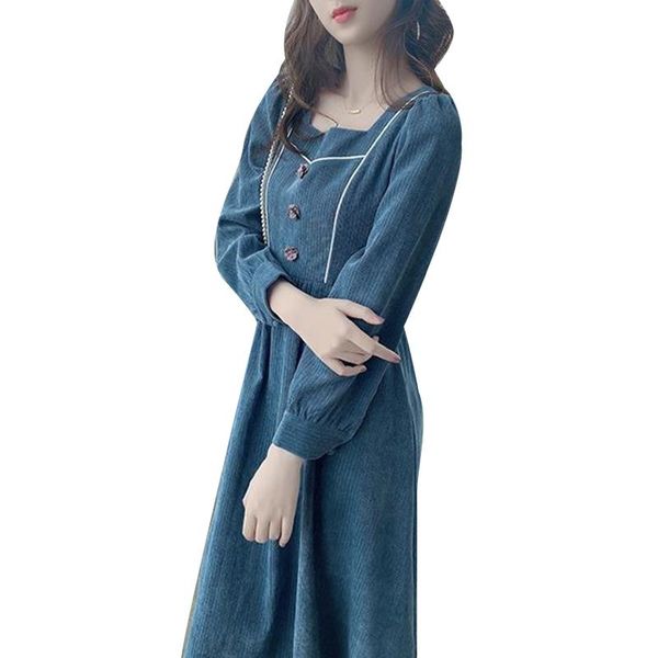 

casual dresses women's spring autumn dress long sleeve button solid color square neck vintage ss3583, Black;gray