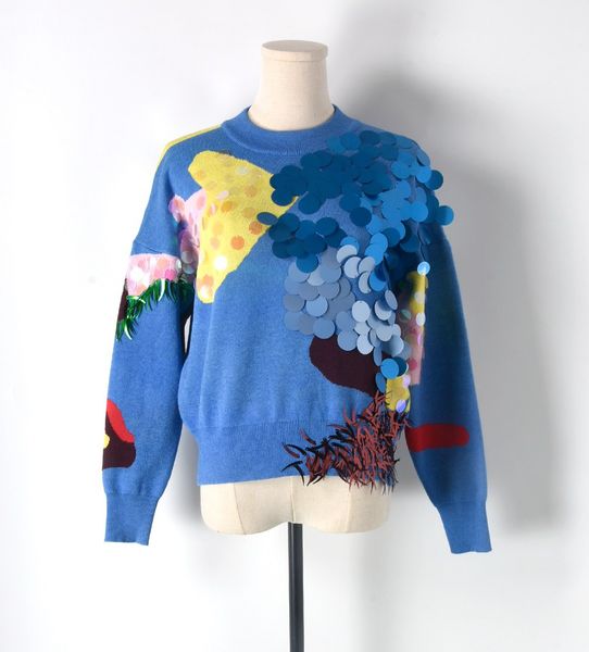 

805 2021 milan runway autumn brand same style sweater long sleeve blue sequins crew neck pullover fashion clothes womens mingzhi, White;black