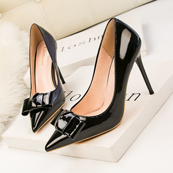 

fashion bow thin heeled women's shoes shallow mouth pointed thin heeled shoes single shoes, Black