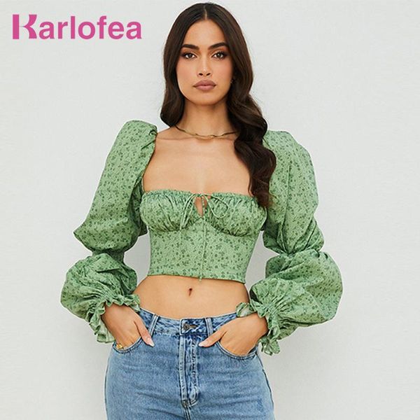 

women's blouses & shirts kealofea tunics green square collar puff long sleeve crop women 2021 casual summer floral print vintage, White