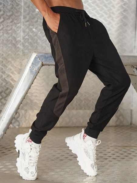 

men letter & butterfly print striped side seam joggers e545#, Black