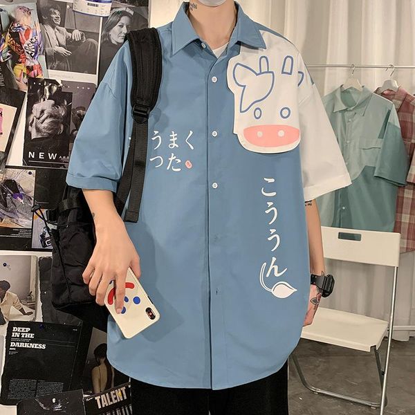 

men's dress shirts short sleeve shirt summer loose casual large inch patchwork printed student coat, White;black