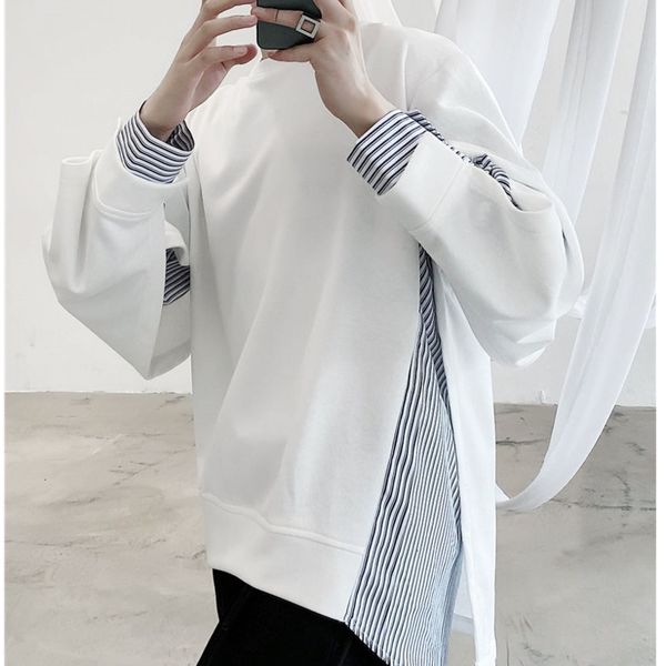 

men's t-shirts fake two-piece hoodie fashion casual loose sweatshirt men streetwear harajuku hip hop oversize striped hoodies mens, White;black